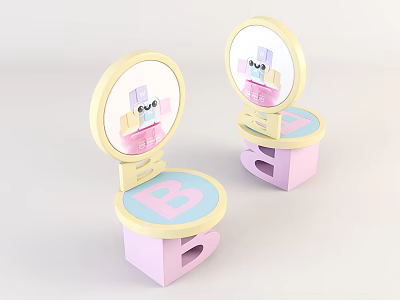 Playful Letter B Shaped Kids Chair with Pink Blue Design and Round Mirror 3d model