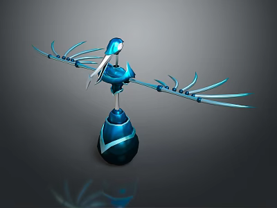Blue Bird Like Decorative Sculpture With Spread Wings And Shiny Spherical Base 3d model
