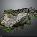 Natural Stone With White Moss Surrounded By Green Grass And Stone Wall