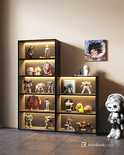 Modern Display Cabinet with Anime Action Figures and Robot Models on Shelves and Wall Painting 3d model 