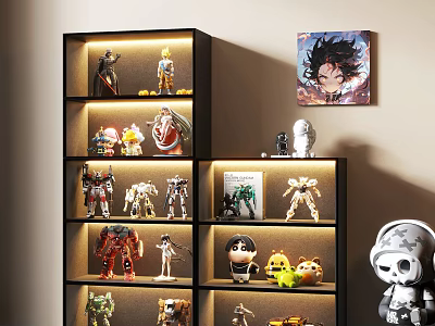 Modern Display Cabinet with Anime Action Figures and Robot Models on Shelves and Wall Painting 3d model