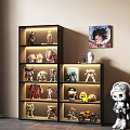 Modern Display Cabinet with Anime Action Figures and Robot Models on Shelves and Wall Painting