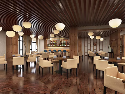 Warm Modern Café Interior With Wooden Ceiling Pendant Lights And Cozy Seating 3d model
