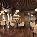 Warm Modern Café Interior With Wooden Ceiling Pendant Lights And Cozy Seating