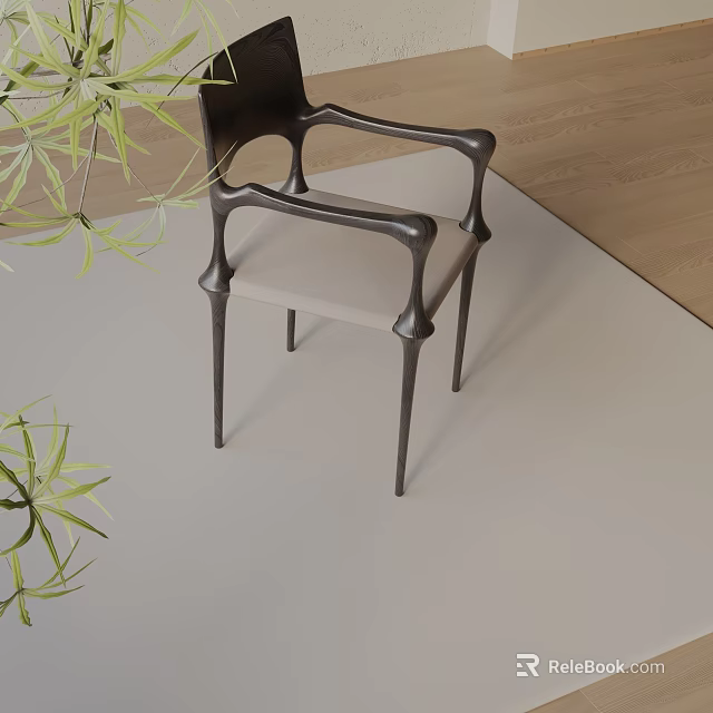 Modern Dining Chair With Black Metal Frame Light Gray Cushion And Green Plants On Floor 3d model 