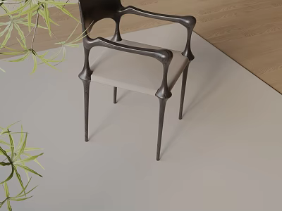 Modern Dining Chair With Black Metal Frame Light Gray Cushion And Green Plants On Floor 3d model