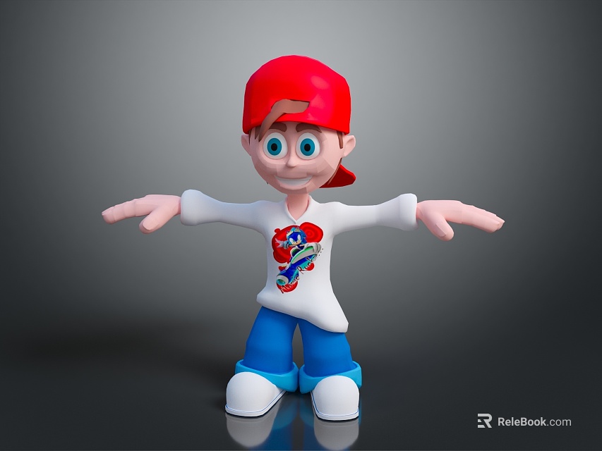 Cartoon Man With Red Cap White Long Sleeve Shirt And Blue Pants Arms Outstretched 3d model 