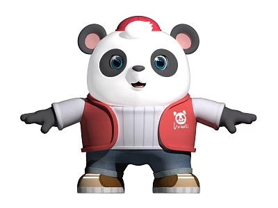 Cute Panda Doll With Red Hat Red Vest Blue Pants And Brown Shoes 3d model