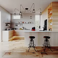 Modern Kitchen Interior With Wooden Cabinets Island Counter Pendant Lights And Bar Stools