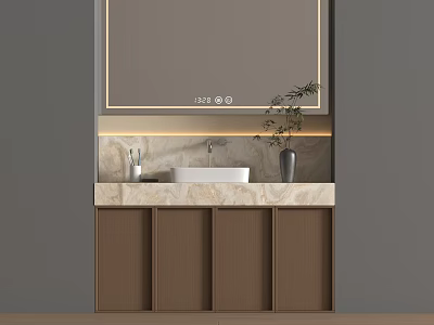 Modern Bathroom Vanity With Marble Countertop Mirror Wooden Cabinets And Plant 3d model