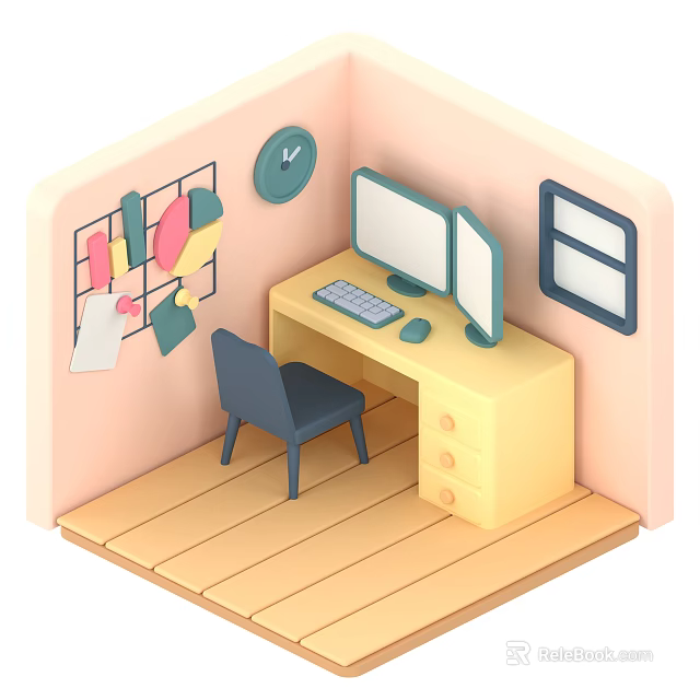 Smart Machine Equipped Workspace Desk With Dual Monitors Keyboard Mouse Chair And Sticky Notes Board 3d model 