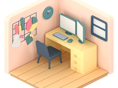 Smart Machine Equipped Workspace Desk With Dual Monitors Keyboard Mouse Chair And Sticky Notes Board 3d model