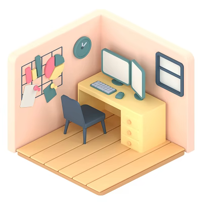 Smart Machine Equipped Workspace Desk With Dual Monitors Keyboard Mouse Chair And Sticky Notes Board 3d model