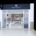 Modern Beauty Hair Salon Interior With White Workstations Sofa And Product Display Shelves