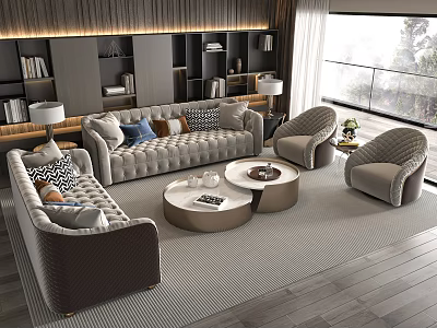 Modern Upholstered Sofa Coffee Table Set With Round Tables And Accent Chairs In Living Room 3d model