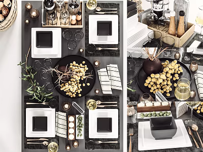 Modern Black White Dinnerware Set For Table Setting With Yellow Fruits Green Plants And Cutlery 3d model