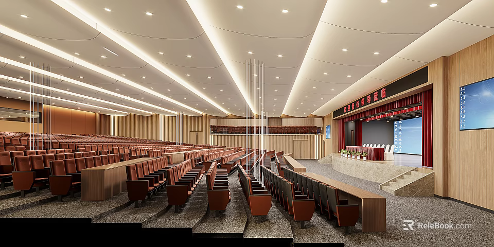 Spacious Large Conference Hall Interior With Neatly Arranged Red Seats Podium And Stage Lighting Design 3d model 