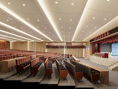 Spacious Large Conference Hall Interior With Neatly Arranged Red Seats Podium And Stage Lighting Design 3d model