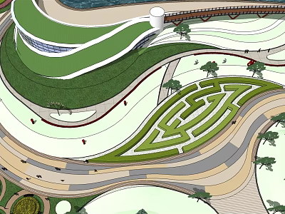 Contemporary Urban Landscape Design With Green Roof Winding Paths And Garden Maze 3d model