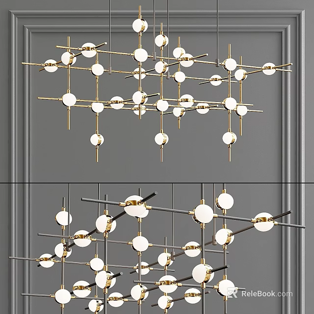 Contemporary Geometric Chandelier With Gold Metal Rods And White Glass Globes 3d model 
