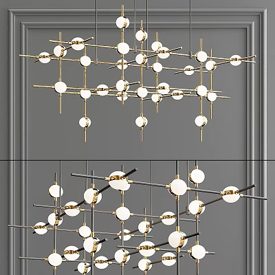 Contemporary Geometric Chandelier With Gold Metal Rods And White Glass Globes 3d model