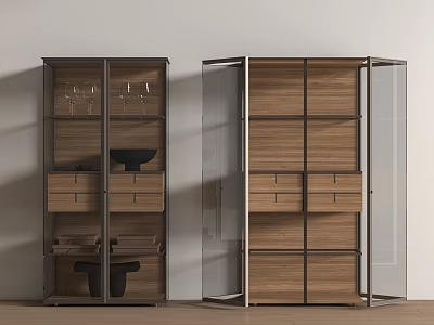 Modern Wooden Display Cabinet With Glass Doors Drawers And Decorative Items 3d model