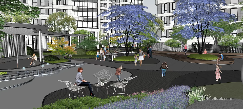 Residential Landscape With Apartment Buildings Lush Greenery Blue Trees Colorful Flower Beds And Seating Areas 3d model 