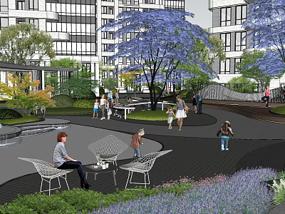 Residential Landscape With Apartment Buildings Lush Greenery Blue Trees Colorful Flower Beds And Seating Areas 3d model