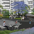 Residential Landscape With Apartment Buildings Lush Greenery Blue Trees Colorful Flower Beds And Seating Areas