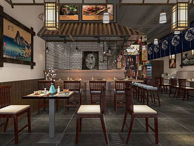 Traditional Chinese Restaurant Interior With Hanging Lanterns Wooden Tables And Decorative Paintings 3d model