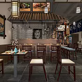 Traditional Chinese Restaurant Interior With Hanging Lanterns Wooden Tables And Decorative Paintings