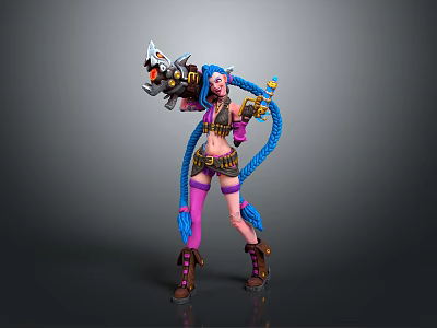 3D Fantasy Female Character With Blue Braided Hair Purple Pink Outfit Holding Weapon And Staff 3d model
