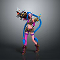 3D Fantasy Female Character With Blue Braided Hair Purple Pink Outfit Holding Weapon And Staff