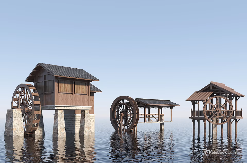 Garden Ornaments Featuring Wooden Water Wheels And Pavilions On Water Surface 3d model 