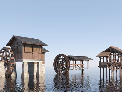 Garden Ornaments Featuring Wooden Water Wheels And Pavilions On Water Surface 3d model