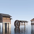 Garden Ornaments Featuring Wooden Water Wheels And Pavilions On Water Surface
