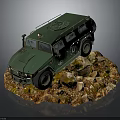Green Military Vehicle Model with Numbered 1043 Insignia on Rocky Base and Fallen Leaves