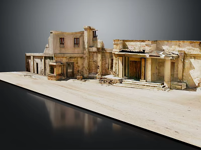 Ancient Weathered Building Structure With Ruined Stone Walls Porch Steps And Wooden Doors 3d model