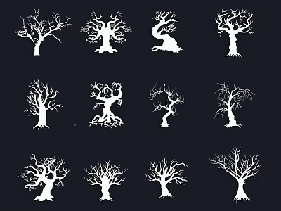 Creative Decorative Lights with White Bare Tree Silhouettes and Various Shapes on Black Background 3d model
