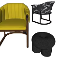 Modern Accent Chairs In Yellow And Patterned Fabric With Wooden Frames And Ottoman