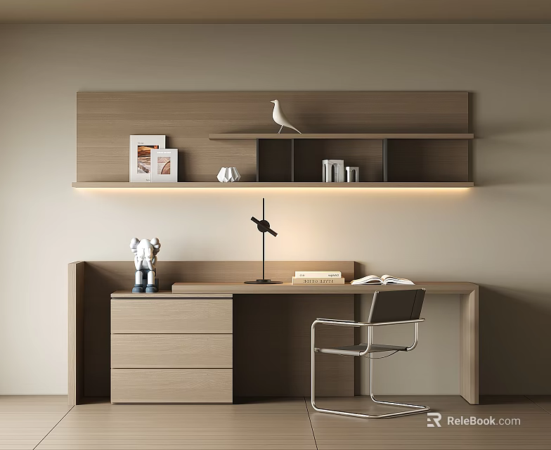 Modern Wooden Desk with Table Lamp Books and Decorative Items on Shelf Unit 3d model 