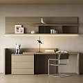 Modern Wooden Desk with Table Lamp Books and Decorative Items on Shelf Unit