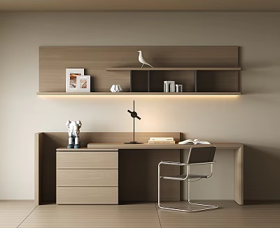 Modern Wooden Desk with Table Lamp Books and Decorative Items on Shelf Unit 3d model