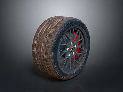 Car Wheel With All Terrain Tread Pattern And Black Alloy Rim Red Accents 3d model