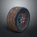 Car Wheel With All Terrain Tread Pattern And Black Alloy Rim Red Accents