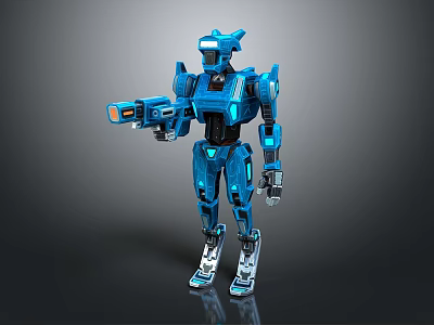 Futuristic Blue Robot Character In Game Movie With Mechanical Armor And Weapon 3d model