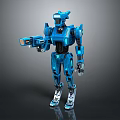Futuristic Blue Robot Character In Game Movie With Mechanical Armor And Weapon