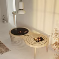 Modern Curved Wooden Coffee Table In Warm Sunlight With Decorative Plant And Side Table