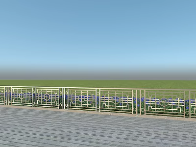 Decorative Metal Railing On Wooden Deck With Green Grassland And Blue Sky 3d model