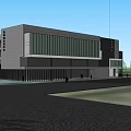 Modern Office Building Exterior With Lawn Road People Walking And Blue Sky White Clouds